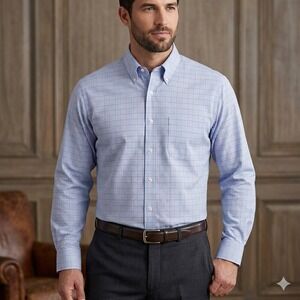 Brooks Brothers Button Down Shirt Mens 18.5-37 Blue Red Madison Fit Non-Iron